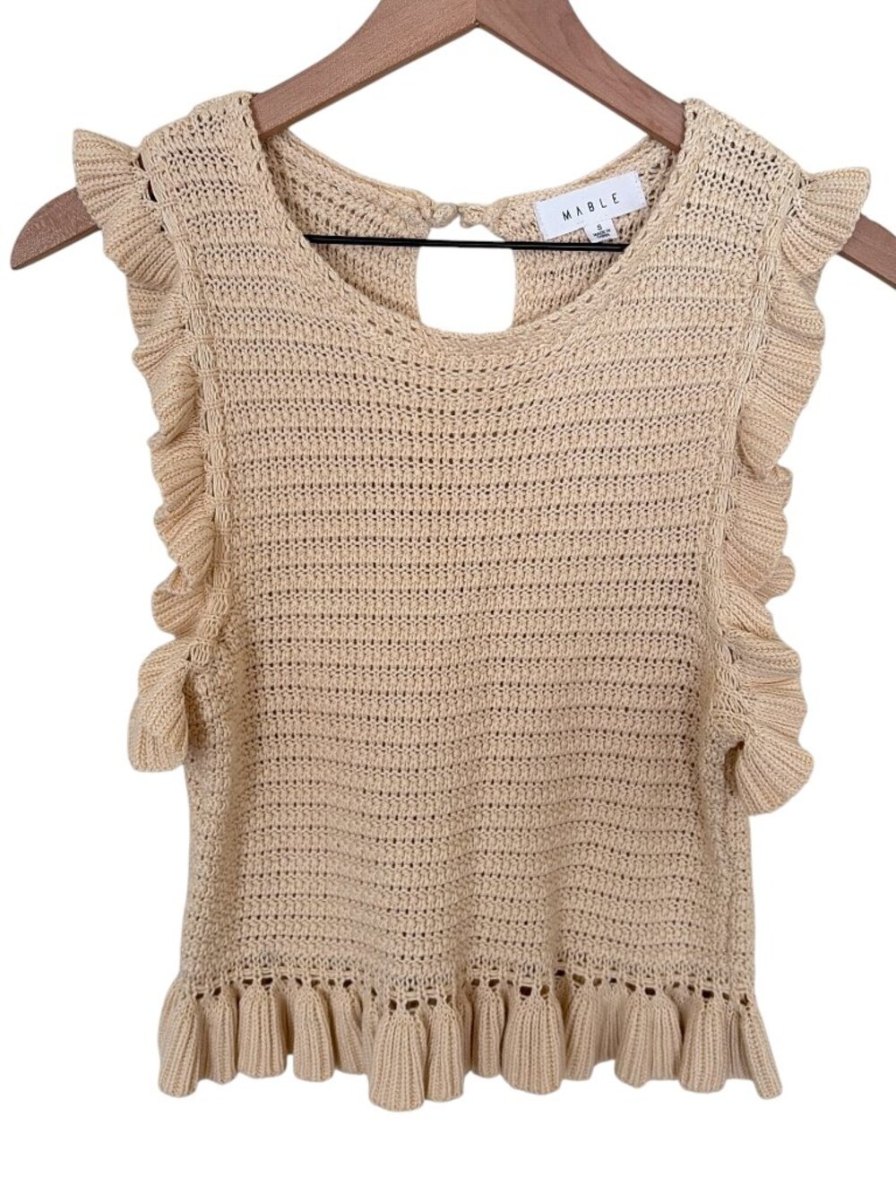 Mable Cream Ruffle Sleeveless Crew Neck Crochet Open Knit Top - Picture 2 of 6